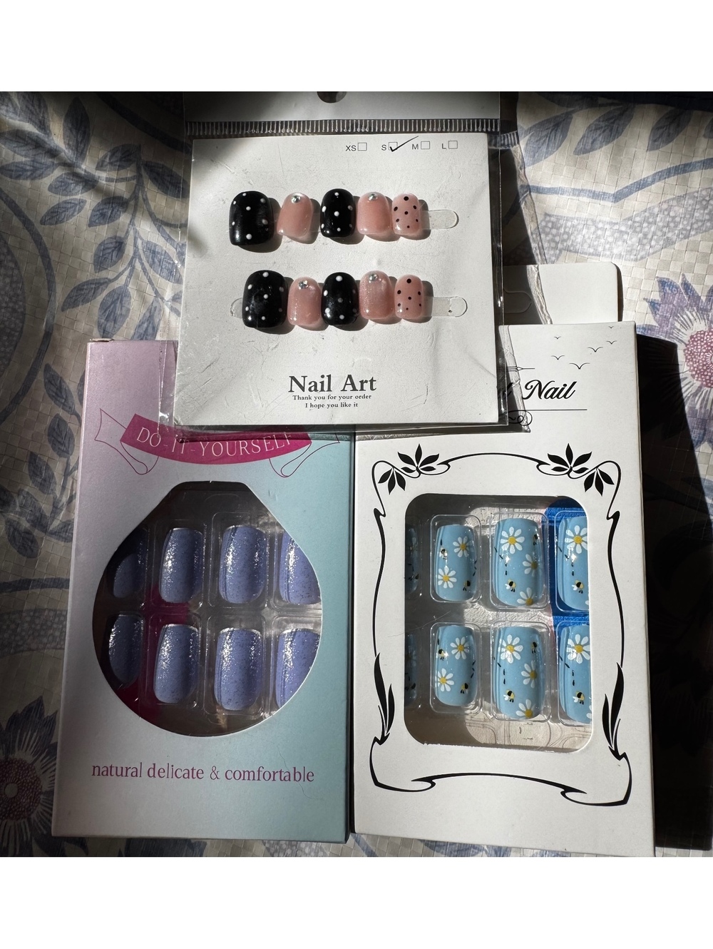 Set of 3 Packs of Press-On Nail Art - Polka Dot, Blue Floral, and Glitter Purple